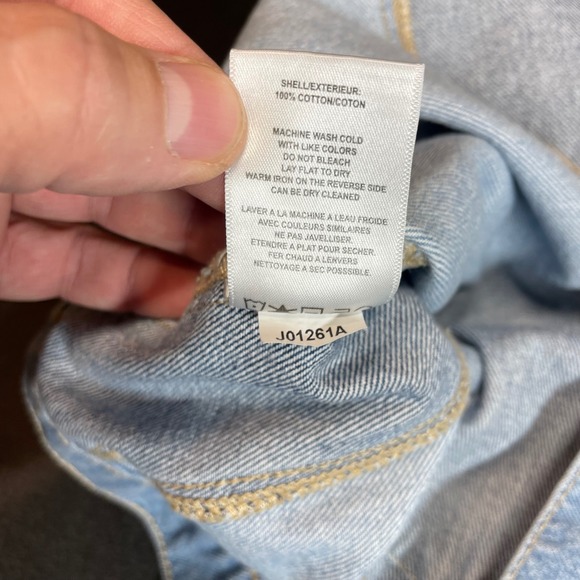 VIGOSS Women's Patchwork Denim Jacket Size L Blue White Long Sleeve Cropped - Picture 5 of 11